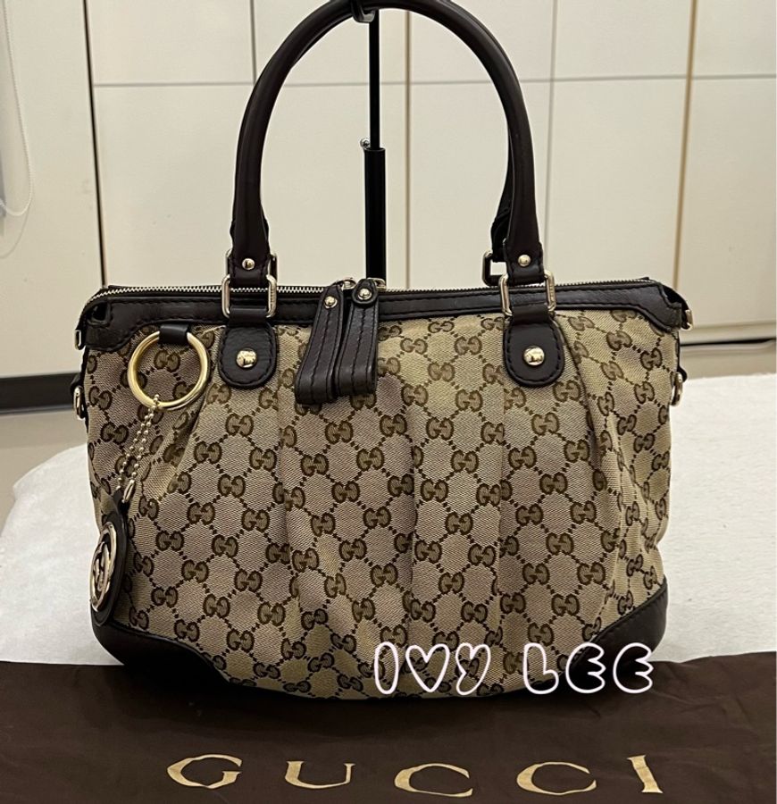 Gucci Sukey 247902 女式真皮 GG帆布手提包 黑色邊單肩包 二手精品-0