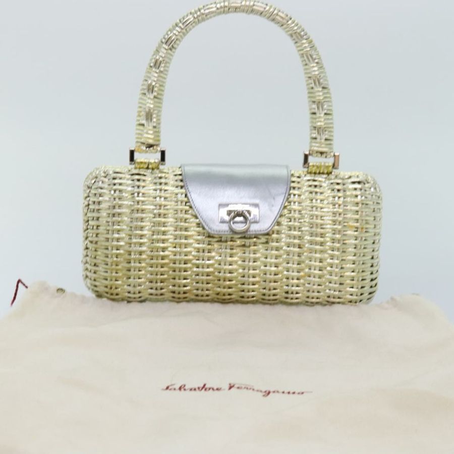 【日本直送】Salvatore Ferragamo Gancini 手提包,藤編銀色金色,正品,貨號 89809A-11