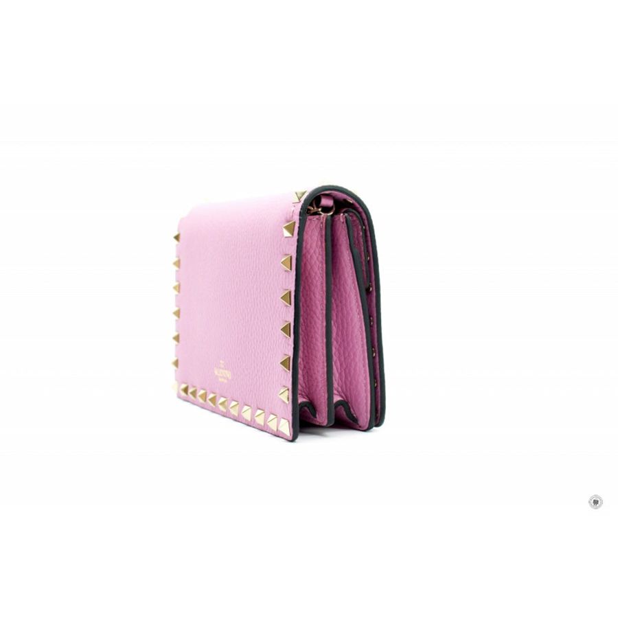 Valentino RW2P0219VSH Rockstud Grainy Calfskin Chain Pouch Bubble Pink Calfskin Shoulder Bags Ghw-1