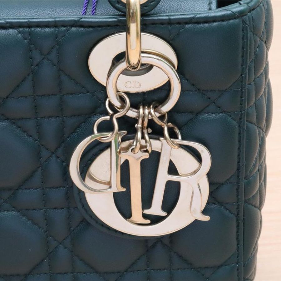 DIOR(迪奧) Lady Dior 戴妃包 四格 徽章肩帶 墨綠色 金扣-5