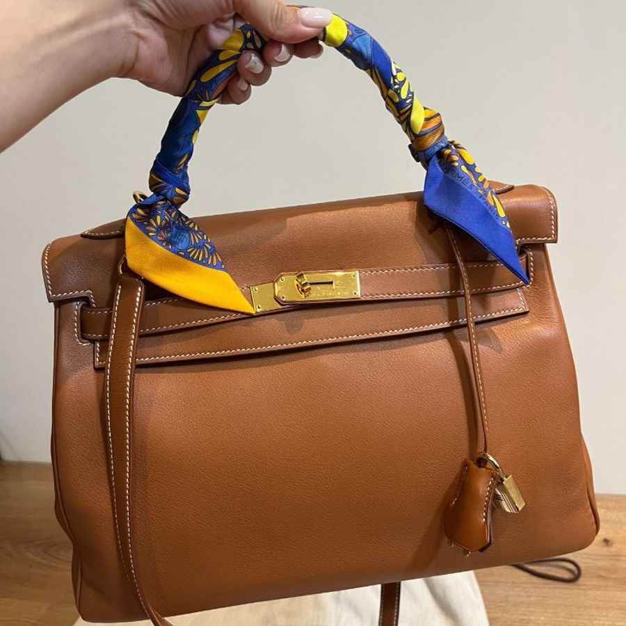 愛馬仕 Hermes Kelly 焦糖色 金棕 金扣 內縫 32 凱莉包 手提包 肩背包 斜背包 附絲巾-0