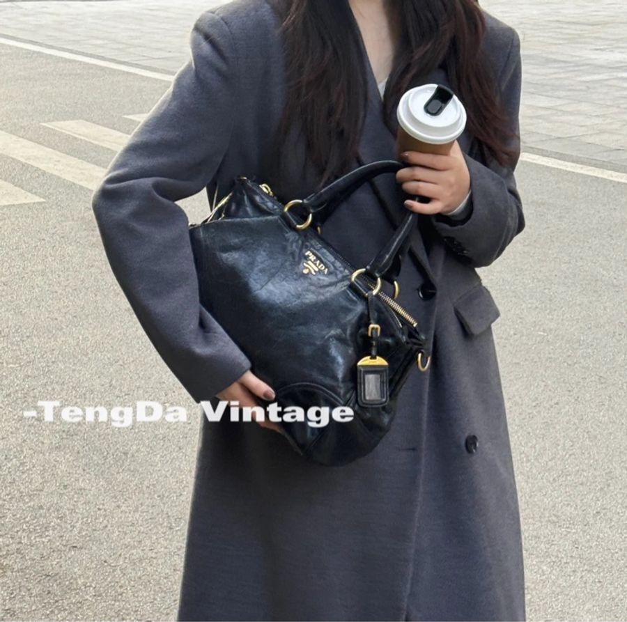 Prada油蠟牛皮手提斜挎包👜配原廠長背帶💝-7