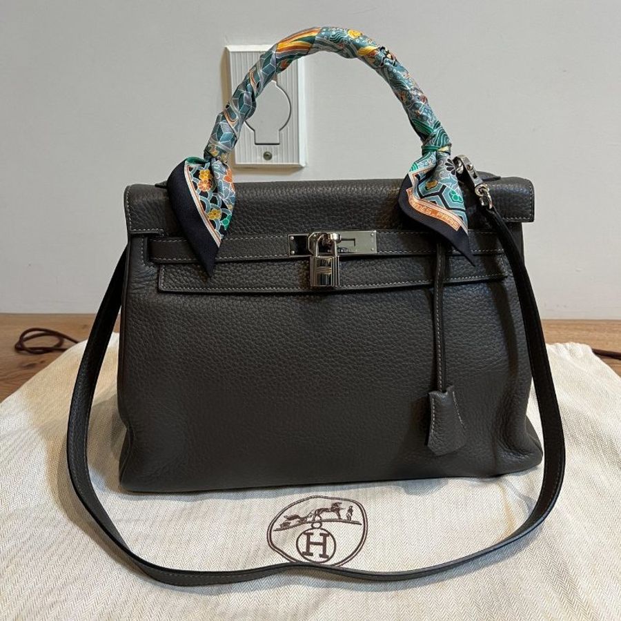 HERMES 愛馬仕 Kelly 32 灰 凱莉包 字母E 銀釦 手提包 斜背包 側背包 附絲巾-0