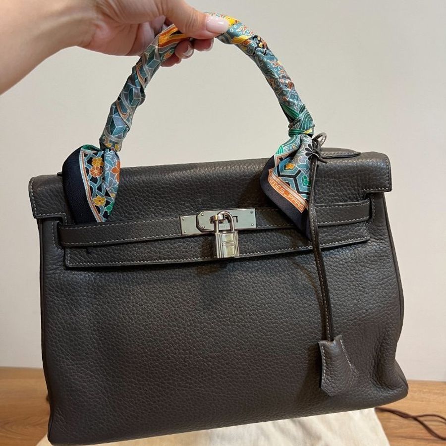HERMES 愛馬仕 Kelly 32 灰 凱莉包 字母E 銀釦 手提包 斜背包 側背包 附絲巾-1