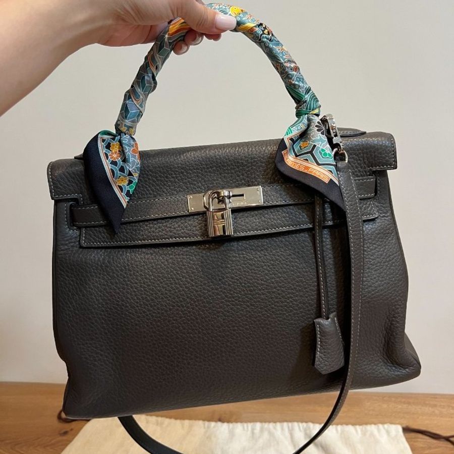 HERMES 愛馬仕 Kelly 32 灰 凱莉包 字母E 銀釦 手提包 斜背包 側背包 附絲巾-2