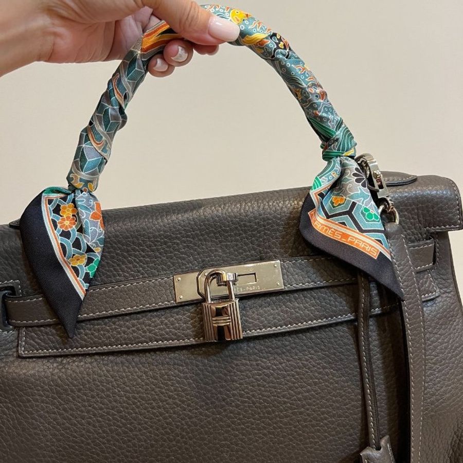 HERMES 愛馬仕 Kelly 32 灰 凱莉包 字母E 銀釦 手提包 斜背包 側背包 附絲巾-3