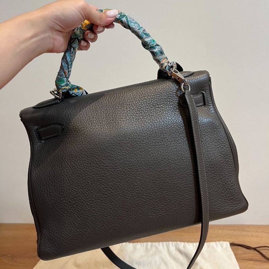 HERMES 愛馬仕 Kelly 32 灰 凱莉包 字母E 銀釦 手提包 斜背包 側背包 附絲巾-4