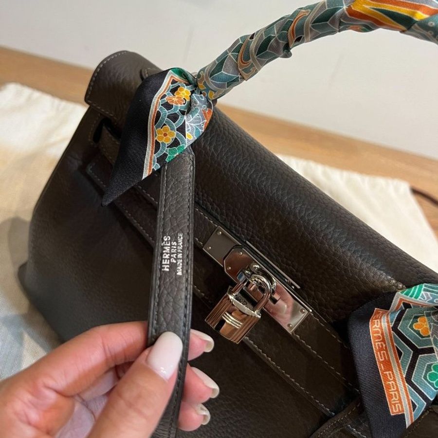 HERMES 愛馬仕 Kelly 32 灰 凱莉包 字母E 銀釦 手提包 斜背包 側背包 附絲巾-9