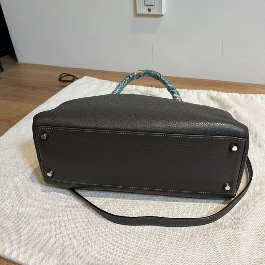 HERMES 愛馬仕 Kelly 32 灰 凱莉包 字母E 銀釦 手提包 斜背包 側背包 附絲巾-11