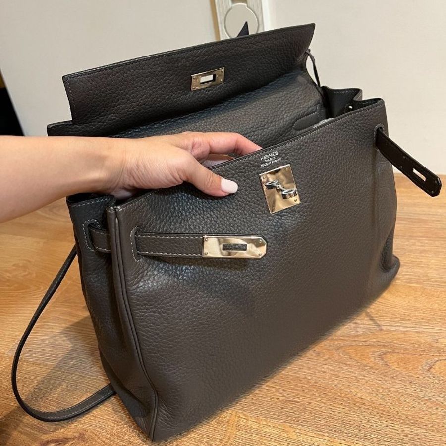HERMES 愛馬仕 Kelly 32 灰 凱莉包 字母E 銀釦 手提包 斜背包 側背包 附絲巾-14
