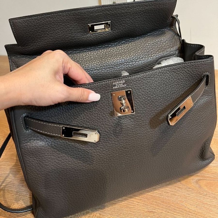 HERMES 愛馬仕 Kelly 32 灰 凱莉包 字母E 銀釦 手提包 斜背包 側背包 附絲巾-15
