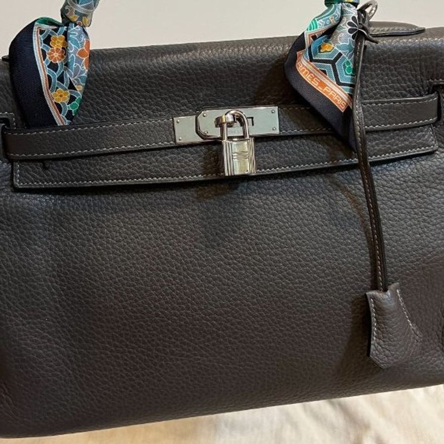 HERMES 愛馬仕 Kelly 32 灰 凱莉包 字母E 銀釦 手提包 斜背包 側背包 附絲巾-16