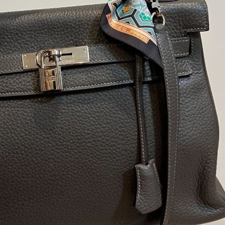 HERMES 愛馬仕 Kelly 32 灰 凱莉包 字母E 銀釦 手提包 斜背包 側背包 附絲巾-18