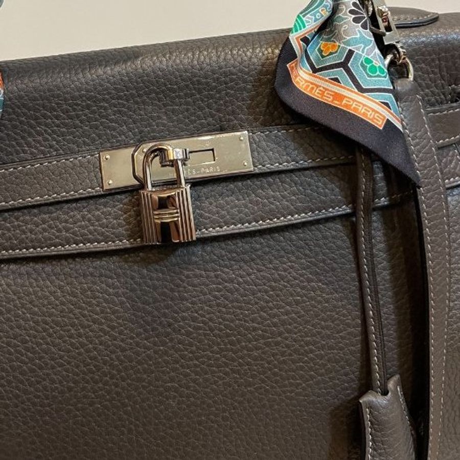 HERMES 愛馬仕 Kelly 32 灰 凱莉包 字母E 銀釦 手提包 斜背包 側背包 附絲巾-19