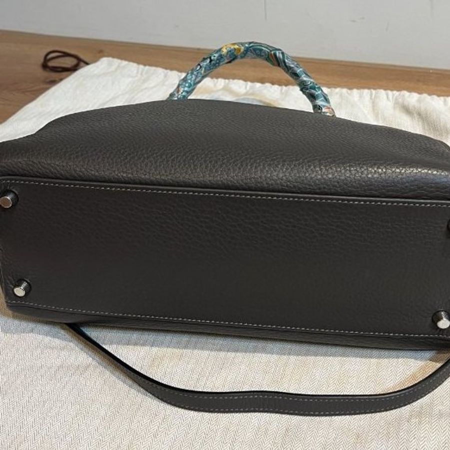 HERMES 愛馬仕 Kelly 32 灰 凱莉包 字母E 銀釦 手提包 斜背包 側背包 附絲巾-25