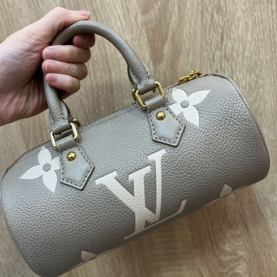 LV 斑鳩灰牛皮papillon BB金釦手提斜背圓筒包M46031-9