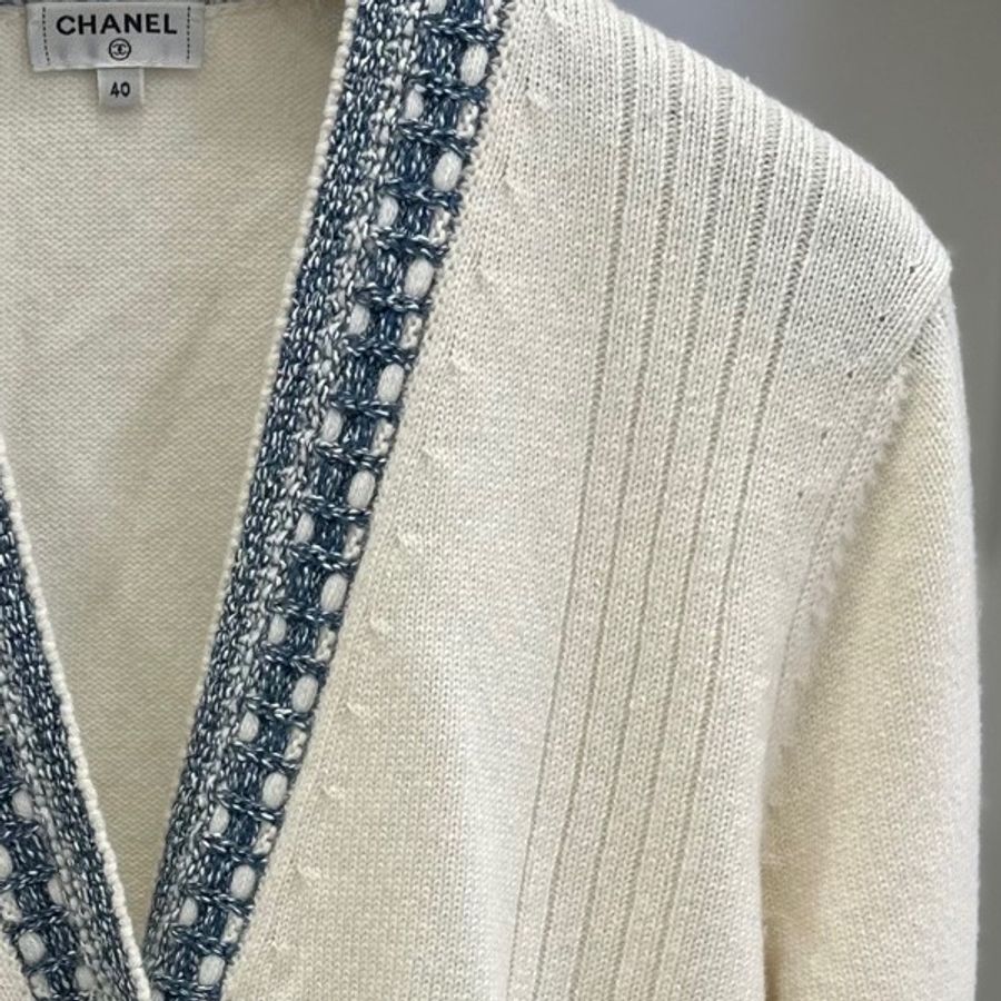 Chanel 香奈兒 羊絨 白色 藍編織 花邊拼色 口袋 針織外套 毛衣外套 外套-25