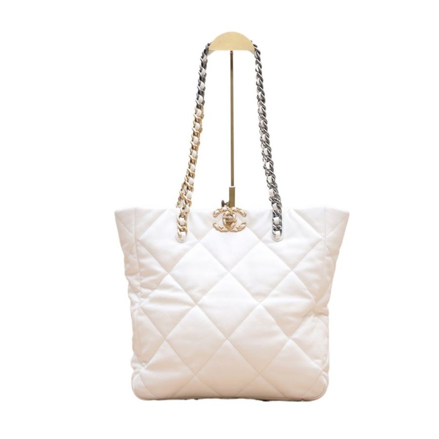 CHANEL(香奈兒) 19BAG Tote托特包 白色  晶片開 金扣 菱格紋-1