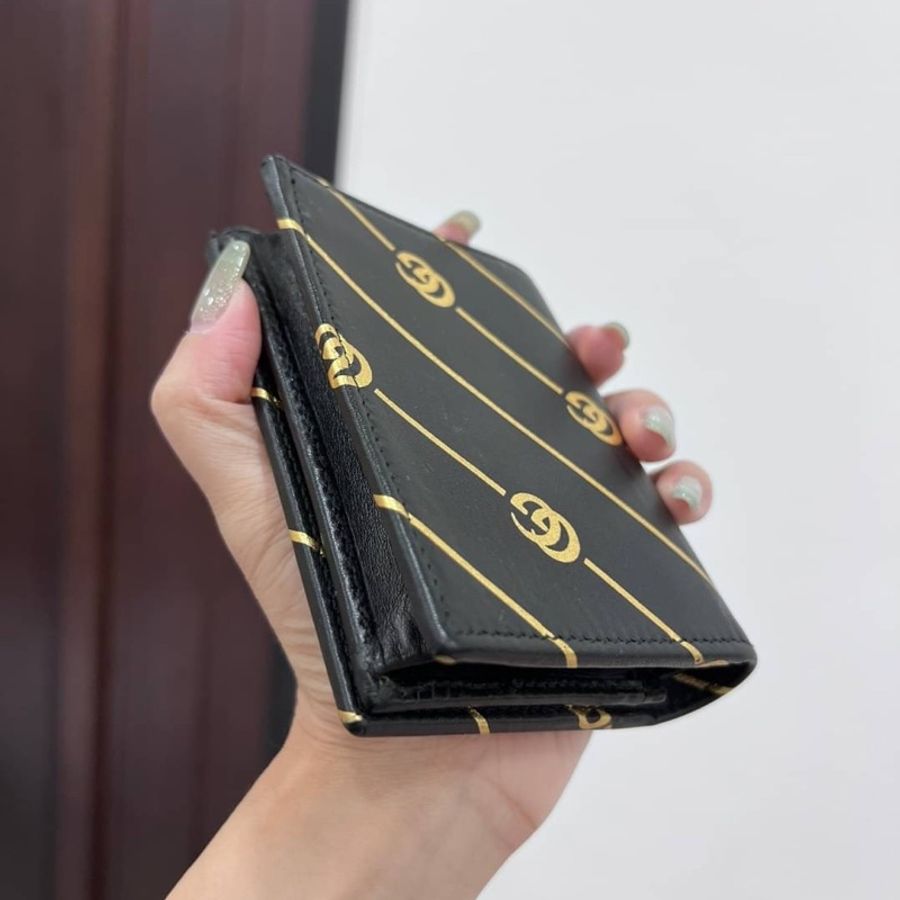 Gucci 黑色牛皮 燙金 斜紋金 GG5卡 對扣 短夾 名片夾 卡夾 卡包 信用卡卡夾 錢包 零錢包 皮夾-3
