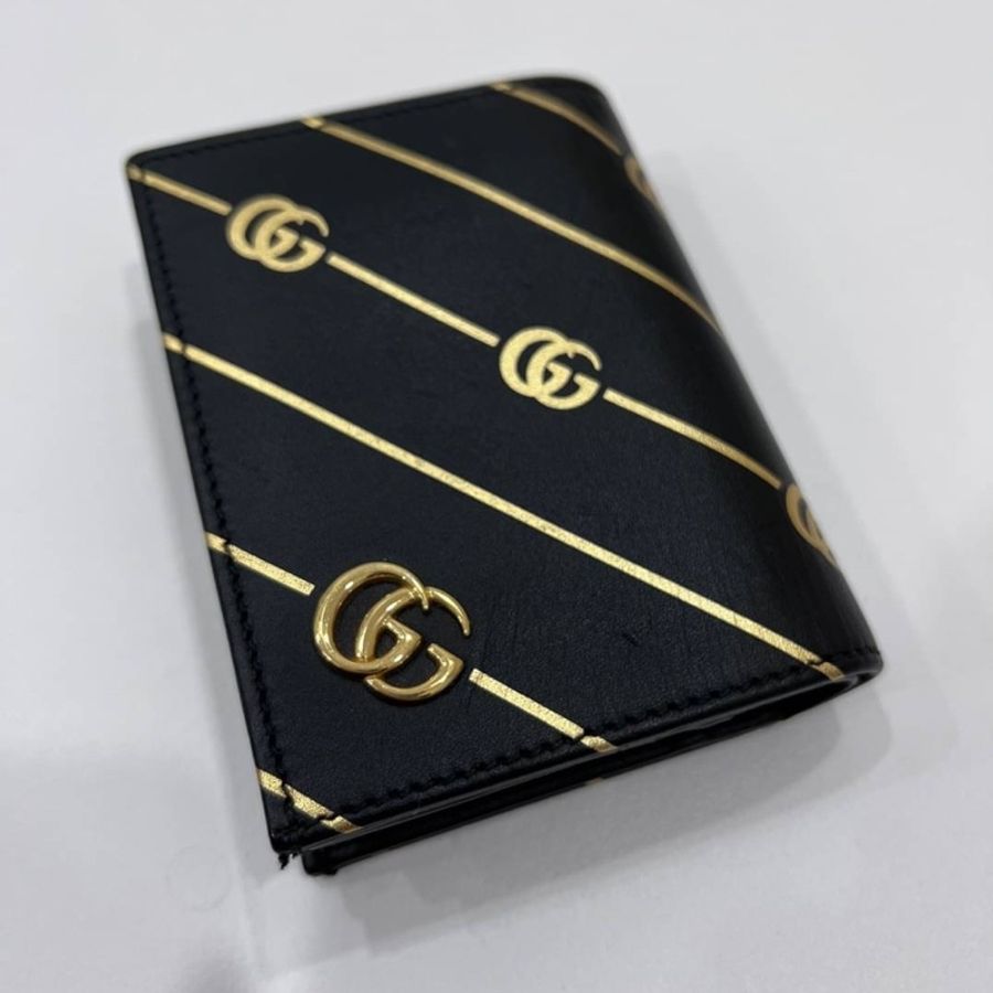 Gucci 黑色牛皮 燙金 斜紋金 GG5卡 對扣 短夾 名片夾 卡夾 卡包 信用卡卡夾 錢包 零錢包 皮夾-10