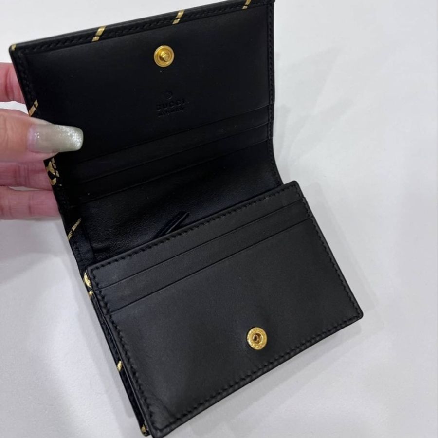 Gucci 黑色牛皮 燙金 斜紋金 GG5卡 對扣 短夾 名片夾 卡夾 卡包 信用卡卡夾 錢包 零錢包 皮夾-12