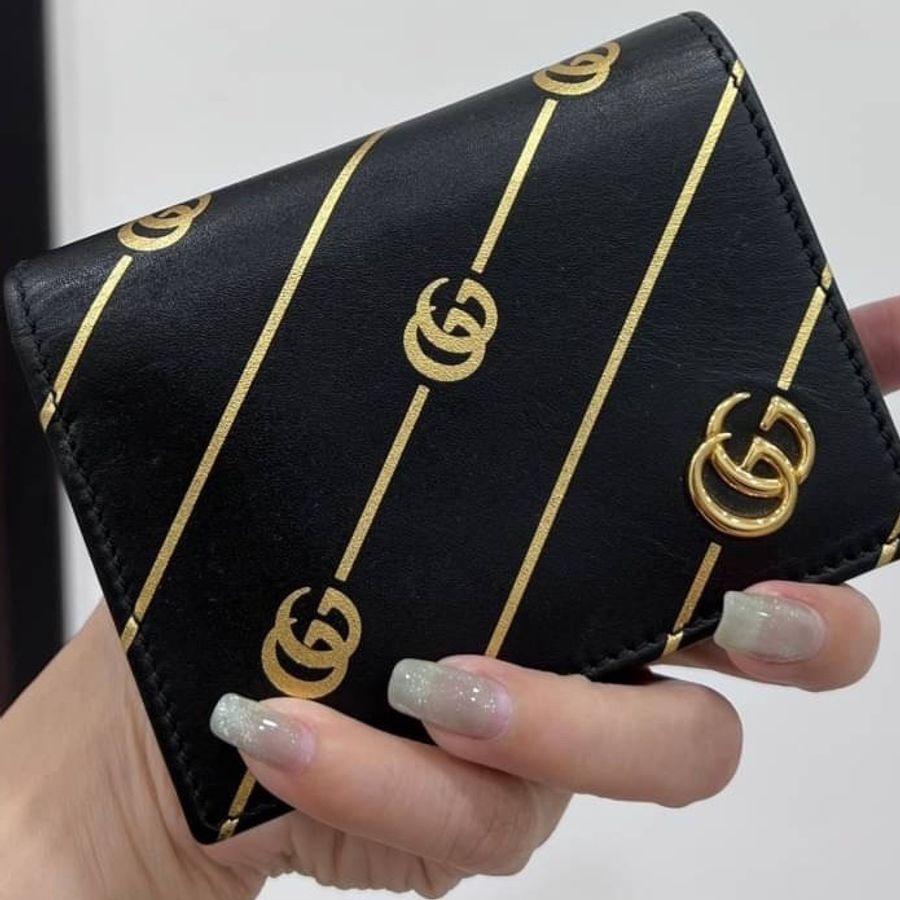 Gucci 黑色牛皮 燙金 斜紋金 GG5卡 對扣 短夾 名片夾 卡夾 卡包 信用卡卡夾 錢包 零錢包 皮夾-13