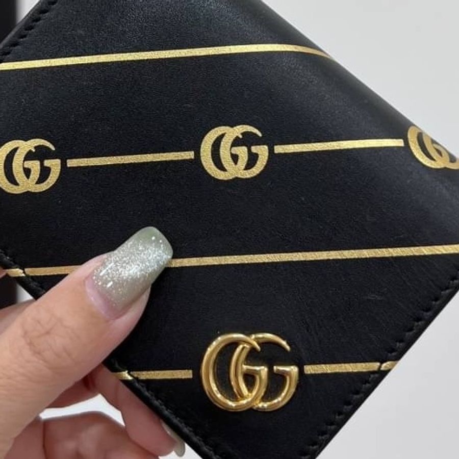 Gucci 黑色牛皮 燙金 斜紋金 GG5卡 對扣 短夾 名片夾 卡夾 卡包 信用卡卡夾 錢包 零錢包 皮夾-15