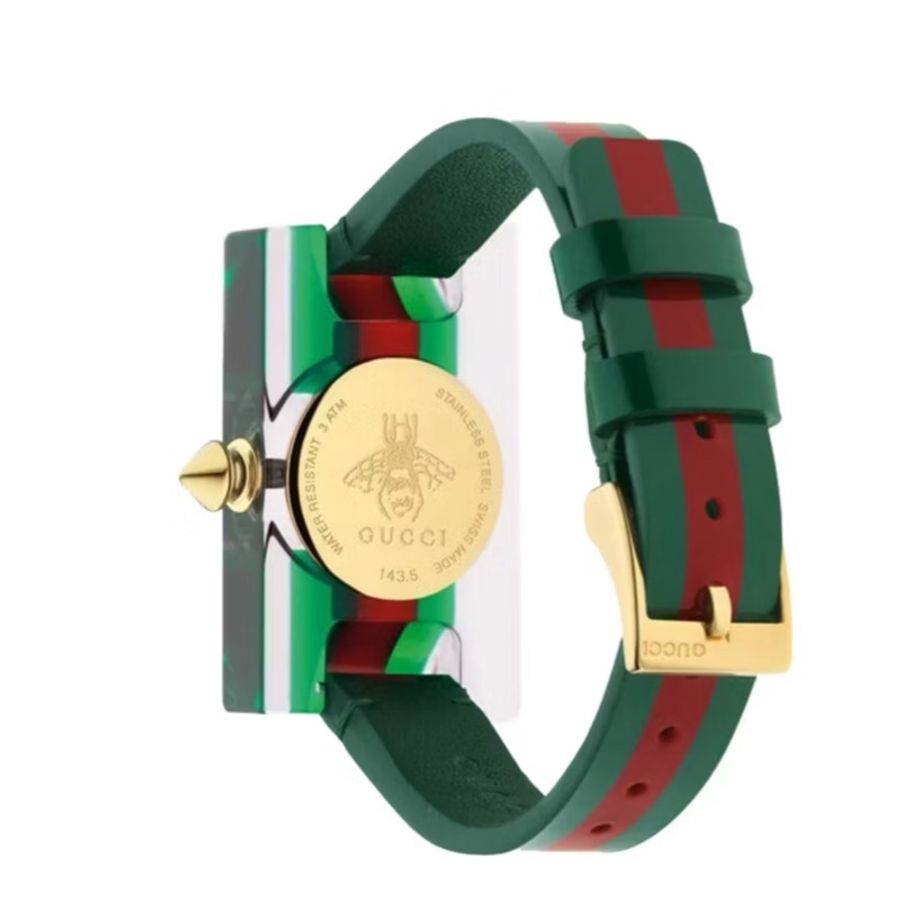 Gucci YA143505 VINTAGE WEB系列 彩虹阿加力膠 小蜜蜂 綠紅綠圖紋透明 鐲錶 手錶-10