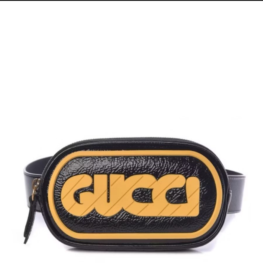 GUCCI 古馳 黑黃 亮面字體 限量 腰包 胸包 肩背包 胸口包 側背包 斜背包-0