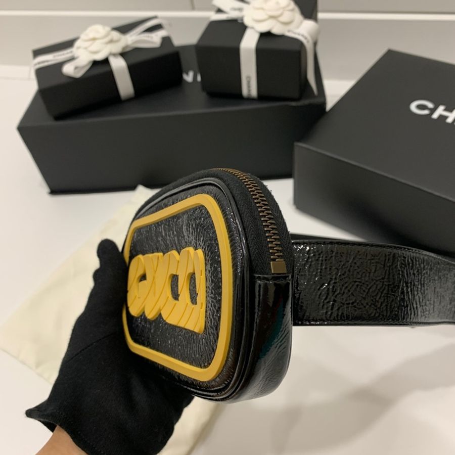 GUCCI 古馳 黑黃 亮面字體 限量 腰包 胸包 肩背包 胸口包 側背包 斜背包-5