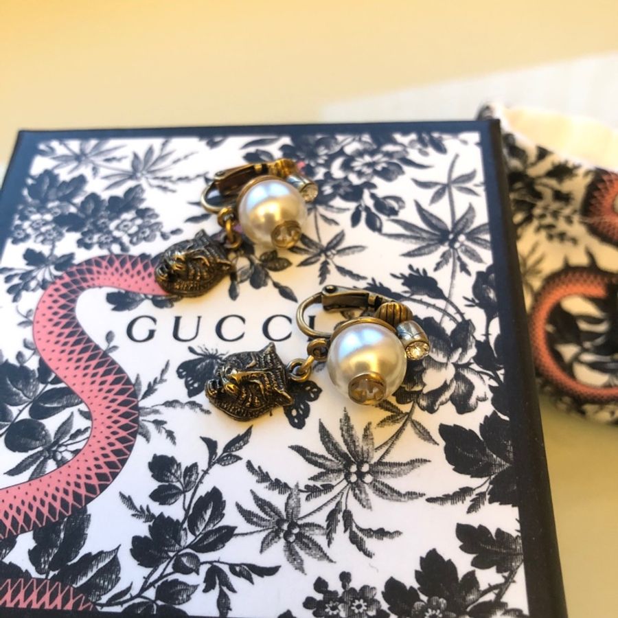 Gucci 珍珠 虎頭 耳環 耳夾 耳飾 飾品 夾式耳環-4