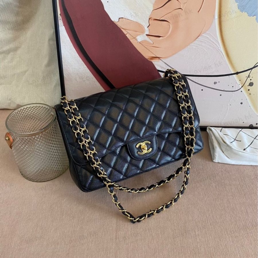 CHANEL cf雙蓋紅內 黑金荔枝紋牛皮大號 jumbo-0
