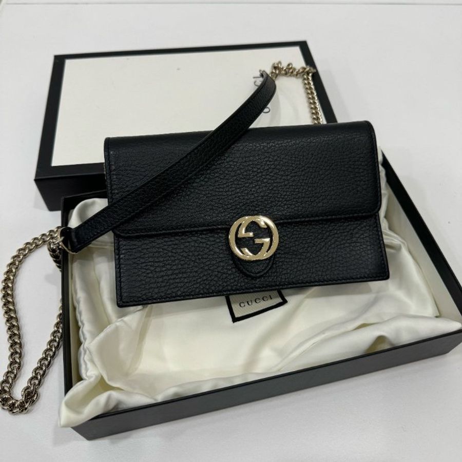 Gucci 古馳 黑銀 荔枝牛皮紋 WOC 風琴包 郵差包 信封包 肩背包 斜背包 鏈帶包 鍊條包-0