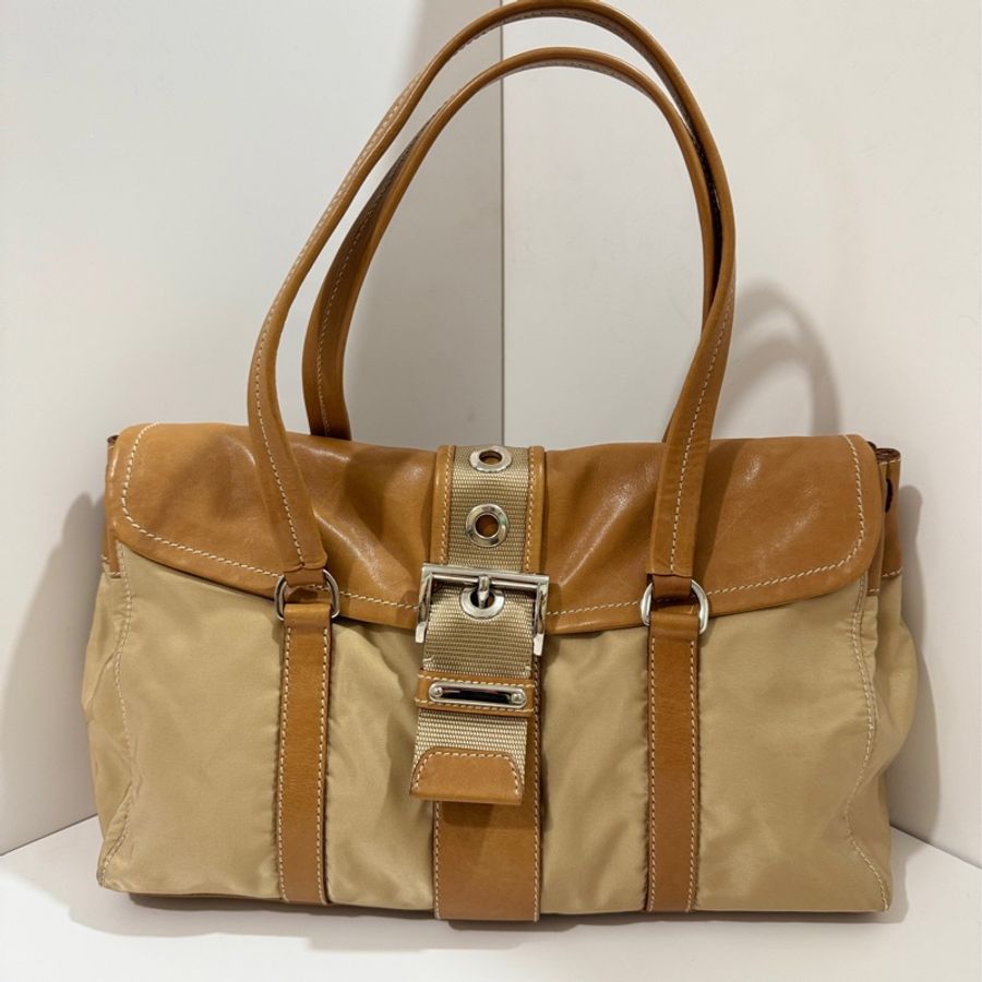 Prada beige tessuto buckle shoulder bag.-5
