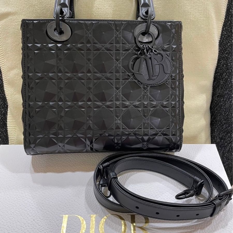 DIOR LADY DIOR 黛妃包限量鑽石菱格紋磨砂黑-0