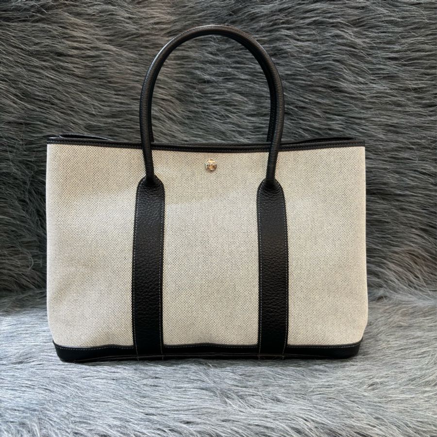 優買二手精品名牌店 HERMES GARDEN PARTY GP 36 黑色荔枝皮 米白帆布 購物包手提包肩背包托特包花園包-0