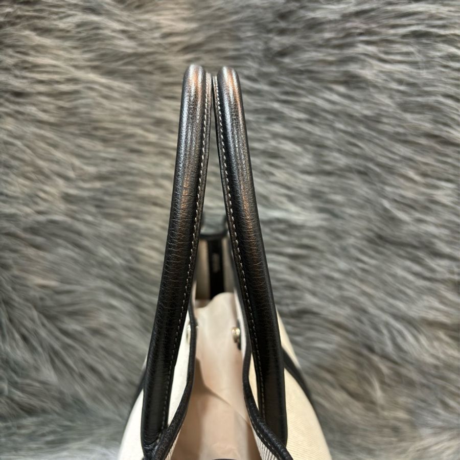 優買二手精品名牌店 HERMES GARDEN PARTY GP 36 黑色荔枝皮 米白帆布 購物包手提包肩背包托特包花園包-4