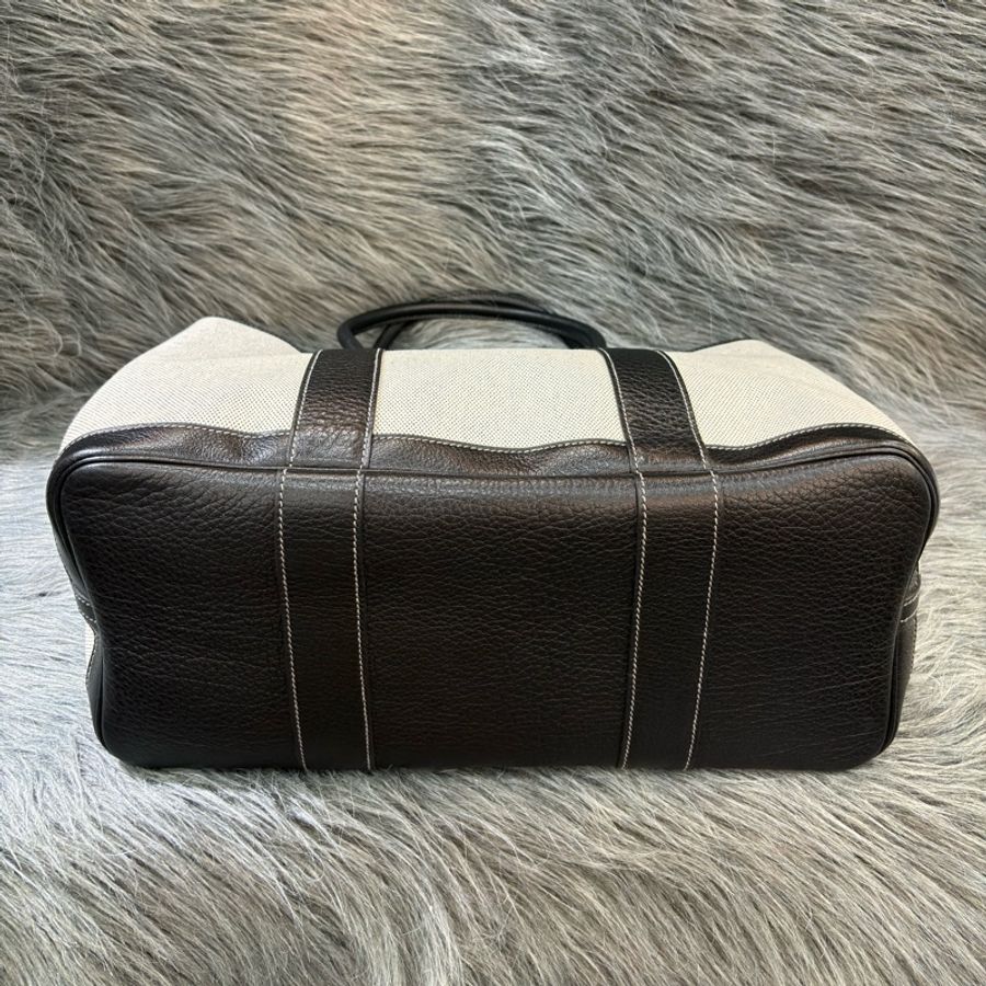 優買二手精品名牌店 HERMES GARDEN PARTY GP 36 黑色荔枝皮 米白帆布 購物包手提包肩背包托特包花園包-6