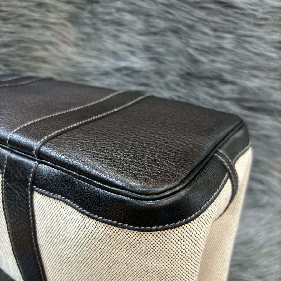 優買二手精品名牌店 HERMES GARDEN PARTY GP 36 黑色荔枝皮 米白帆布 購物包手提包肩背包托特包花園包-10