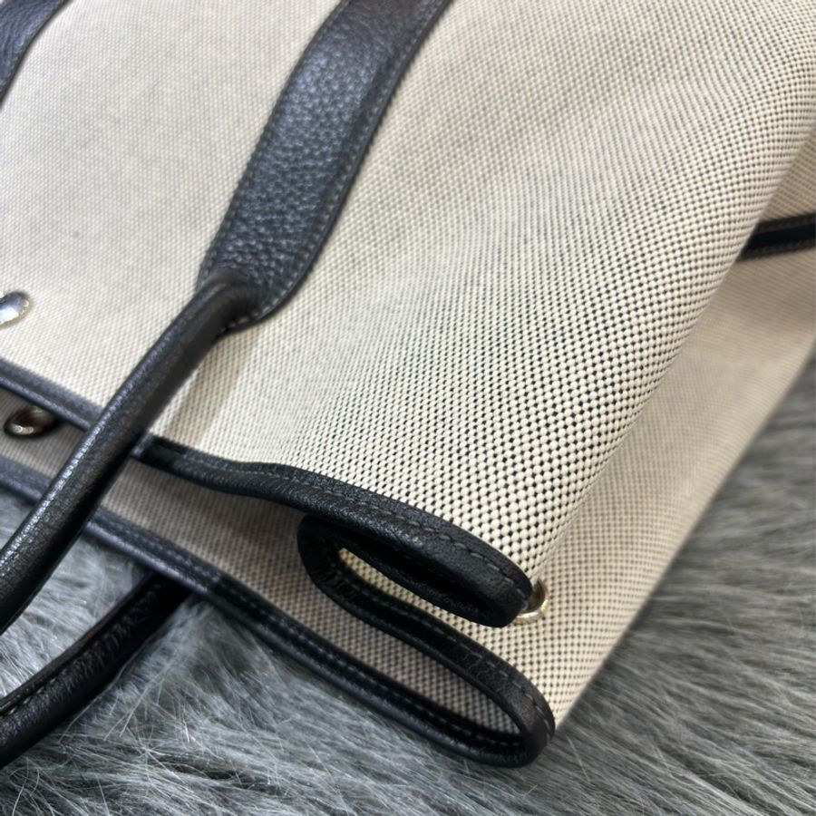 優買二手精品名牌店 HERMES GARDEN PARTY GP 36 黑色荔枝皮 米白帆布 購物包手提包肩背包托特包花園包-12
