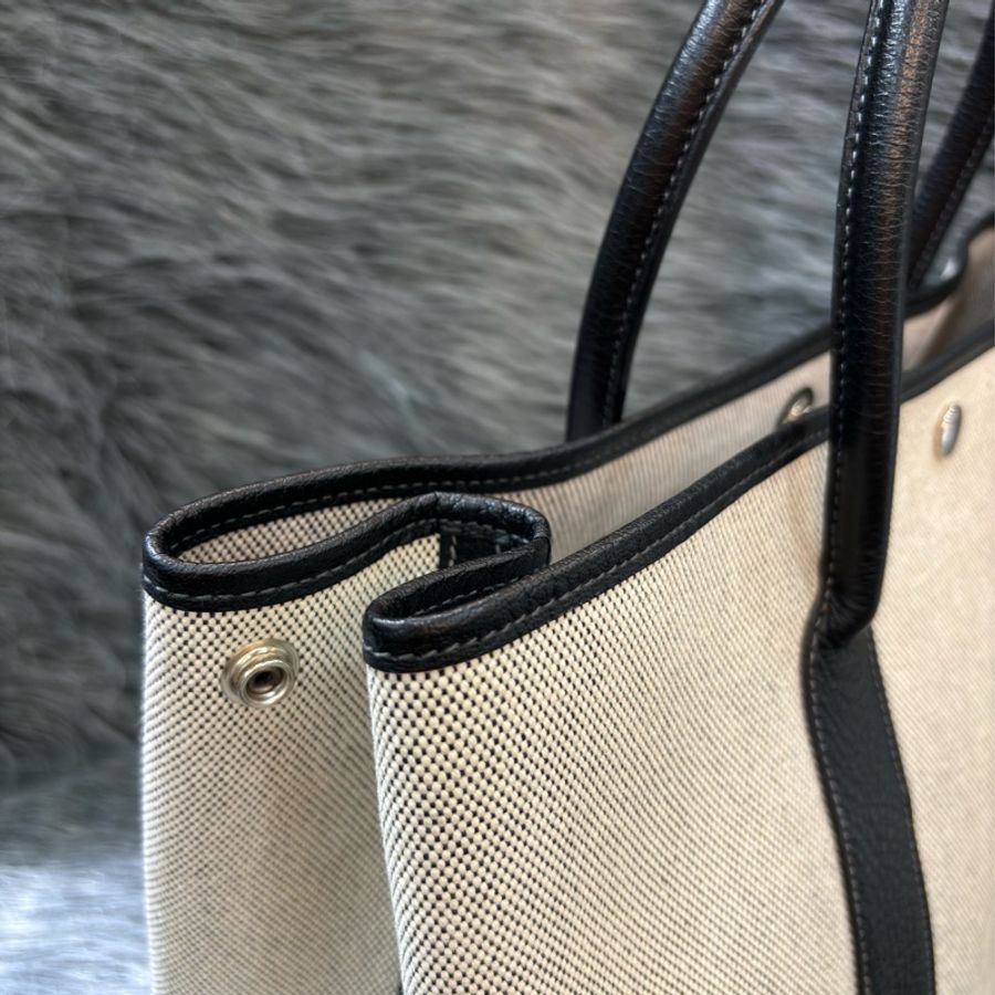 優買二手精品名牌店 HERMES GARDEN PARTY GP 36 黑色荔枝皮 米白帆布 購物包手提包肩背包托特包花園包-13