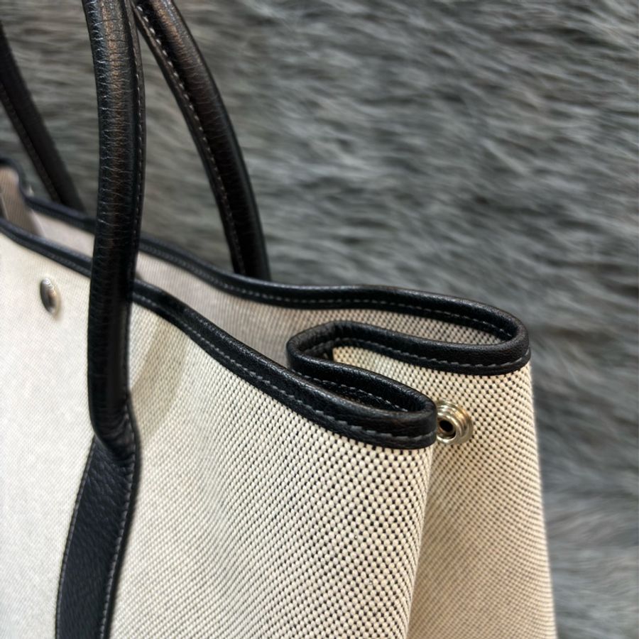 優買二手精品名牌店 HERMES GARDEN PARTY GP 36 黑色荔枝皮 米白帆布 購物包手提包肩背包托特包花園包-14