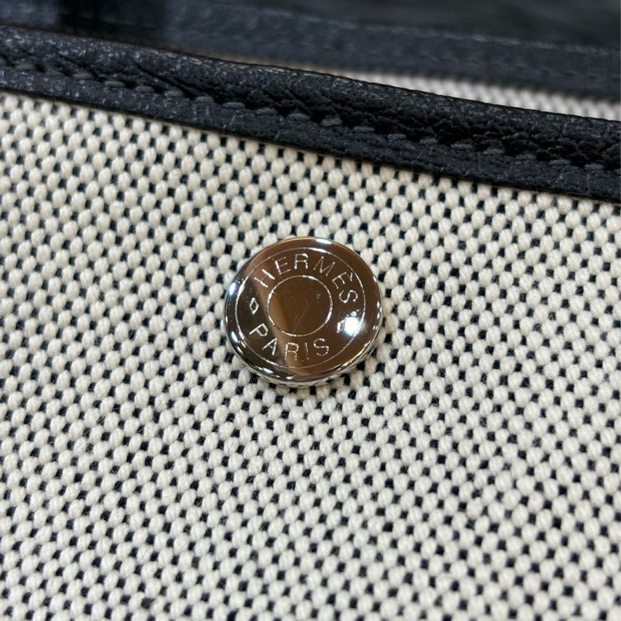 優買二手精品名牌店 HERMES GARDEN PARTY GP 36 黑色荔枝皮 米白帆布 購物包手提包肩背包托特包花園包-16