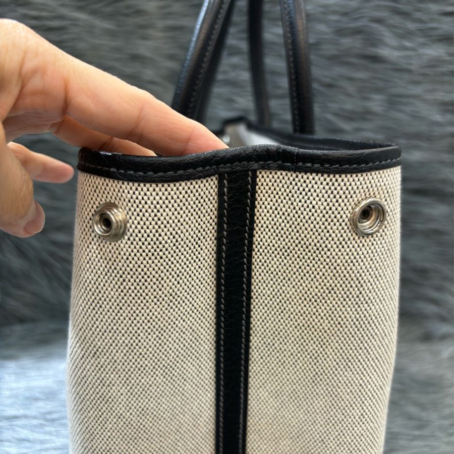優買二手精品名牌店 HERMES GARDEN PARTY GP 36 黑色荔枝皮 米白帆布 購物包手提包肩背包托特包花園包-17