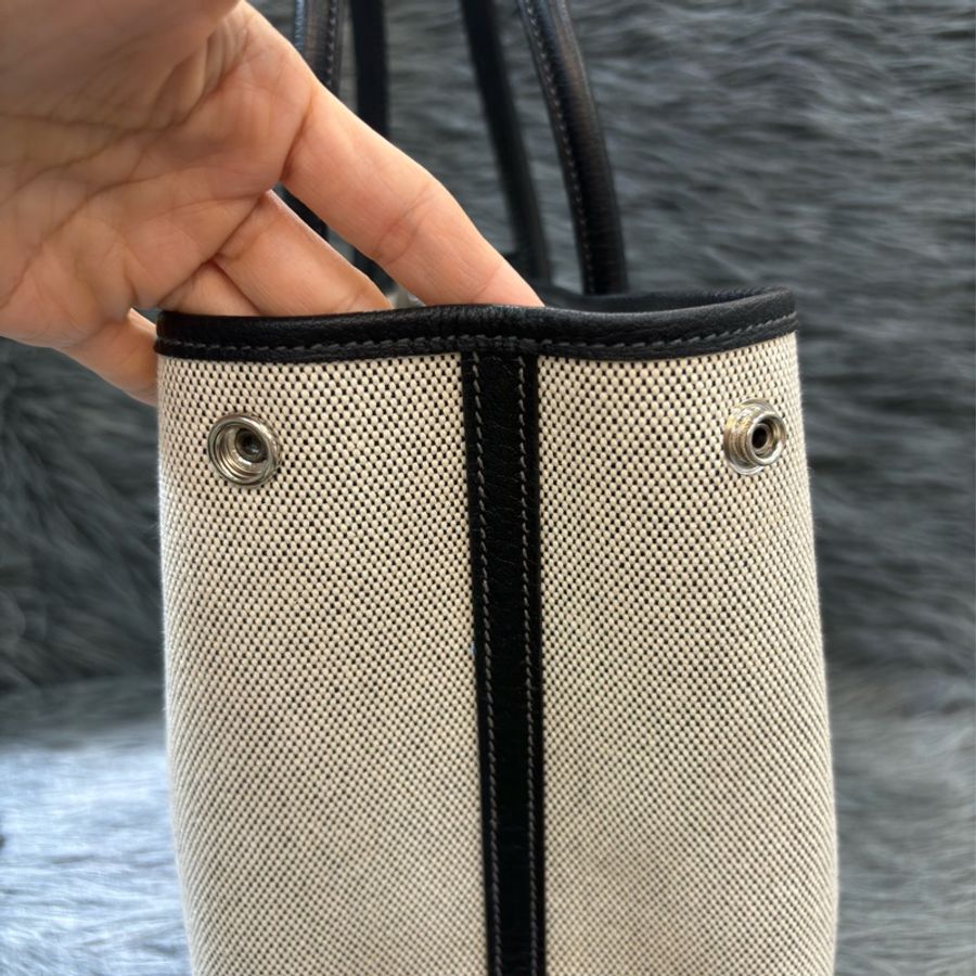 優買二手精品名牌店 HERMES GARDEN PARTY GP 36 黑色荔枝皮 米白帆布 購物包手提包肩背包托特包花園包-18