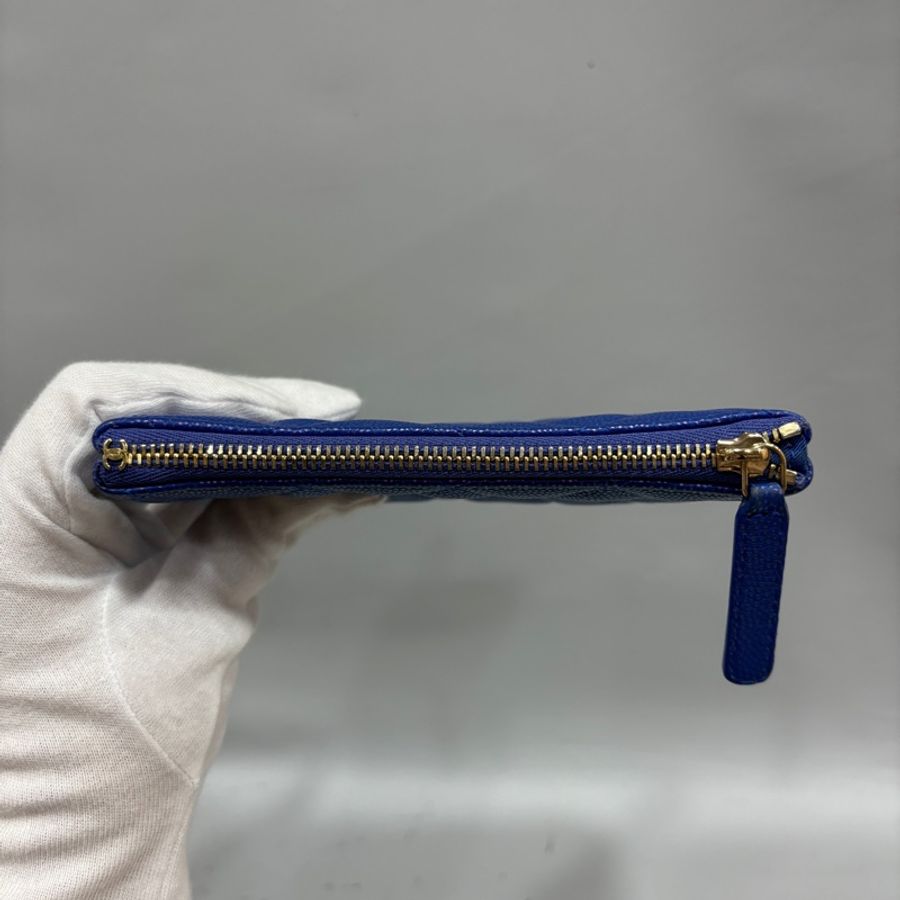 Chanel A82365藍荔枝皮金釦一字拉鍊零錢包 卡包O-Case-5