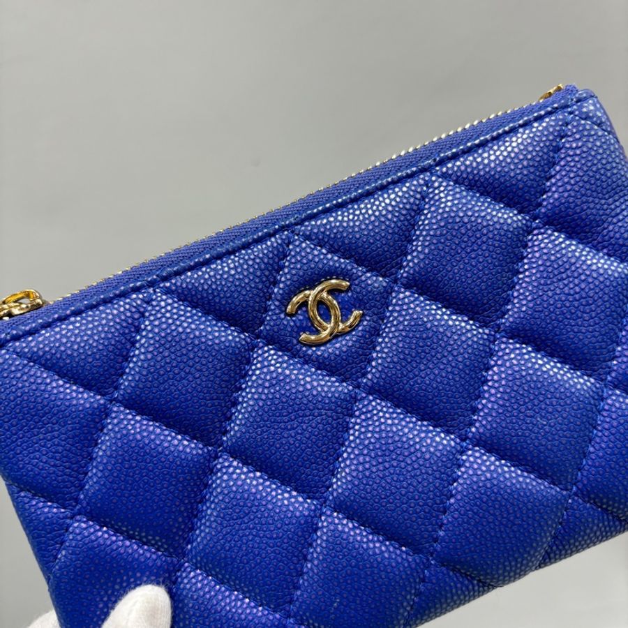 Chanel A82365藍荔枝皮金釦一字拉鍊零錢包 卡包O-Case-10
