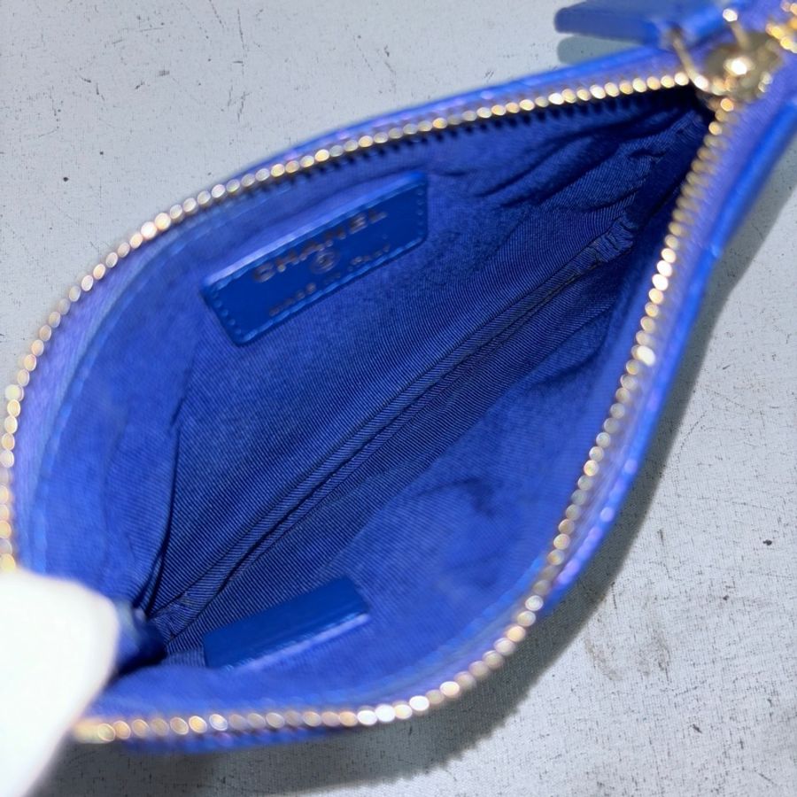 Chanel A82365藍荔枝皮金釦一字拉鍊零錢包 卡包O-Case-12