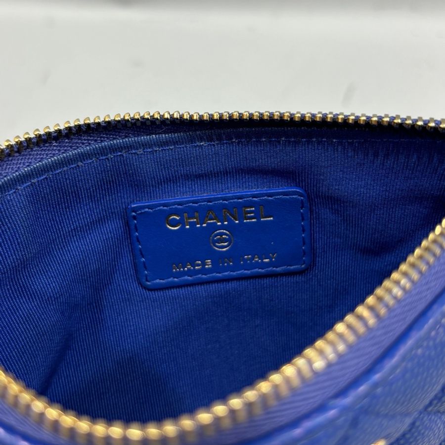 Chanel A82365藍荔枝皮金釦一字拉鍊零錢包 卡包O-Case-13
