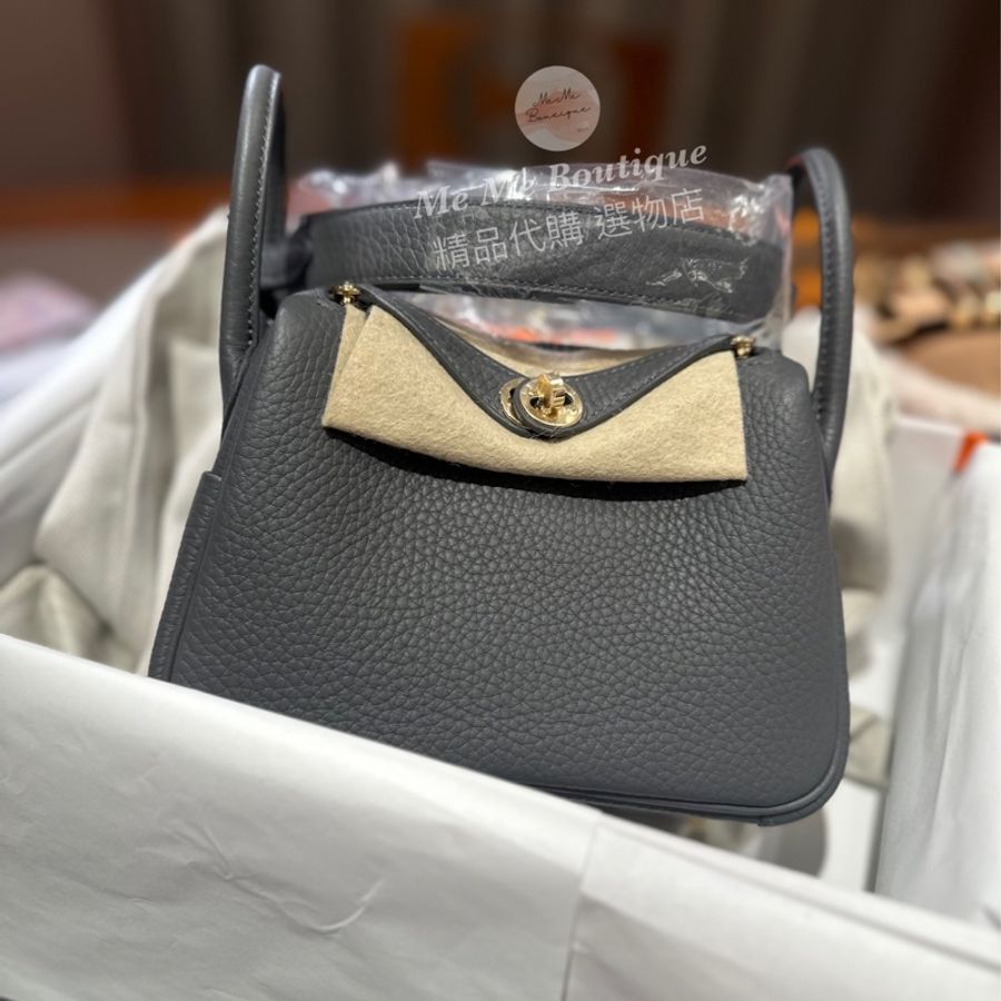 Hermès mini Lindy 85石板灰 淡金釦 二代 全新全配-0